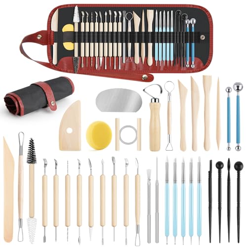 UUSYCUN 36PCS Pottery & Clay Sculpting Tools, Ceramics Polymer Tools Set, Clay Modeling Tools with Case for Air Dry Clay, Carving, Molding, Pottery Wheel, Crafting Supplies, Pros, Beginners, Adults - color: Wood-36PCS