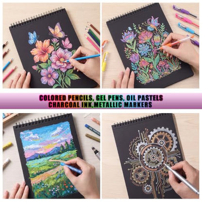 Black Sketch Pad 7.6 × 10 in, 50 Sheets, Spiral Bound Sketchbook | Black Paper for Gel Pens, Metallic Markers, Pencils & Pastel; Mixed Media Sheets; Lay-Flat Top Spiral - size: 7.6×10 Inch (1 pack)