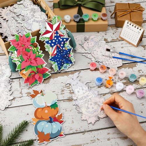 Kosiz 12 Pcs Festival Paint by Number Kit for Adult Wood Bookmark | Mini Paint by Numbers Kit, Painting Decor, Tiny Tassels Blank Bookmarks, for Small DIY Craft Book Lovers Gift 7x2 '' - style: Festival