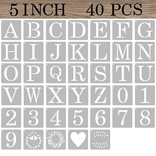 5 Inch Letter Stencils Numbers Craft Stencils, 40 Pcs Reusable Plastic Alphabet Drawing Templates for Painting on Wood, Wall, Fabric, Rock, Signage, Door Porch - size: 5 Inch