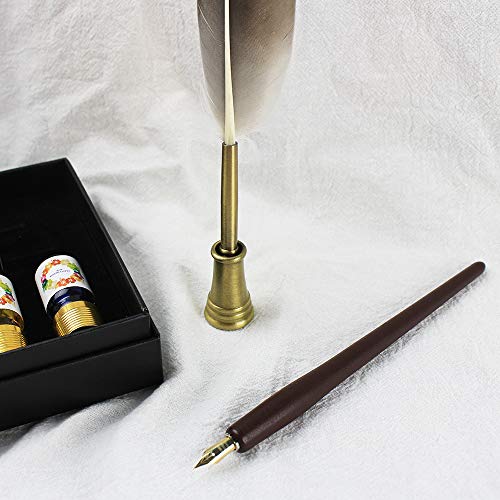 GIFTS Calligraphy Pen Set,12-Piece Kit, 5 Nib & 5 Ink Set,Writing Quill Pen,Anitque Dip Feather Pen Set (wood+feather)