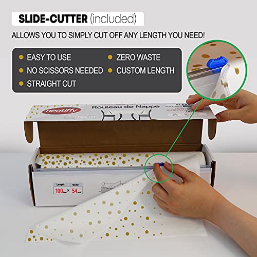 Neatiffy Disposable Plastic Table Cloth Roll with Slide Cutter | Waterproof Cover for Rectangle, Square, Oval Tables | Picnic, Party, Banquet, Birthdays, Weddings - White Gold Dots - color: White Golden Dot, size: 54 inches X 100 feet