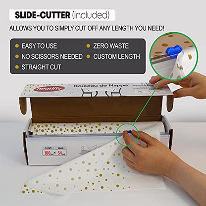 Neatiffy Disposable Plastic Table Cloth Roll with Slide Cutter | Waterproof Cover for Rectangle, Square, Oval Tables | Picnic, Party, Banquet, Birthdays, Weddings - White Gold Dots - color: White Golden Dot, size: 54 inches X 100 feet