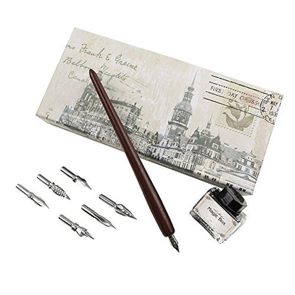 FEATTY Dip Pen for Drawing with ink - Antique Wooden Calligraphy Kits for beginners with 6 Replaceable Nibs