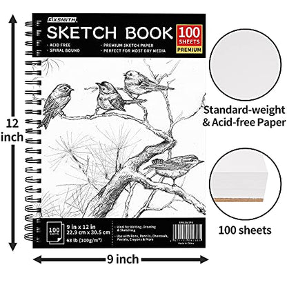FIXSMITH 9"X12" Sketch Book, 100 Sheets, 68 lb/100gsm Sketchbook, Black | Acid Free Drawing Paper | Spiral Bound Artist Sketch Pad | for Kids, Beginners, Artists & Professionals | Bright White - color: Black, size: 9"x12"-1 Pack