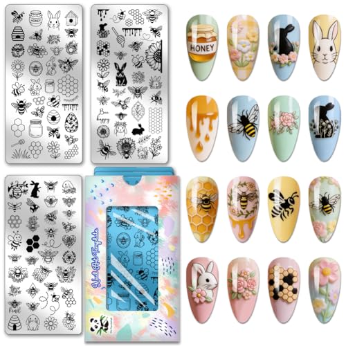 PH PandaHall 3pcs Bees Nail Stamping Plates Rabbit Honeybee Nail Art Templates Honeycomb Sunflower Nails Art Stencils Honey Pot Nails Design Stamp for Women Spring Easter Manicures Salon DIY Printing - style: Bees