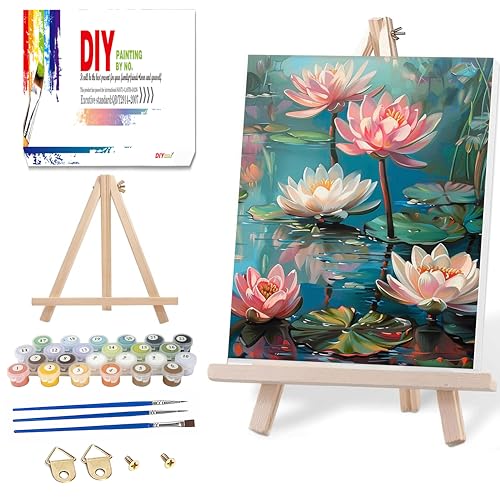 Ausanrl Flowers Framed Paint by Numbers Wooden Easel-Adult Paint by Number Kits on Canvas Framed,Lotus Paint by Numbers with Frame,Gifts and Home Wall Decor 12x16inch - color: Lotus