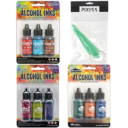 Ranger Alcohol Ink 3-Packs Rodeo, Tuscan Garden, Rustic Lodge with Pixiss Blending Tool Bundle