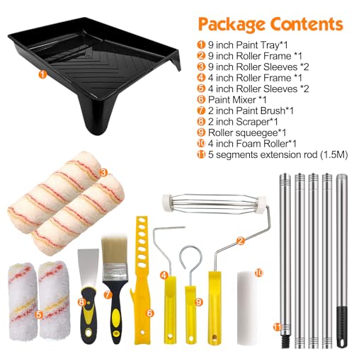 13pcs Paint Roller Set,Paint Rollers & Tray Set with Extension Pole,Includes a Paint Tray,Brush,Large and Mini Rollers & Sleeves,Paint Mixer,Scraper,Washing Rack,for Painting Walls & Ceilings