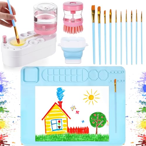 Painting Station Paint Brush Cleaner 20"X16" Silicone Paintings Mat with Cup and Paint Holder 10 Paintings Brushes Children's Painting Set Art Supplies for Kid School Gifts DIY Crafts (Blue Pink) - color: Blue Pink