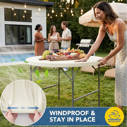 Round Fitted Tablecloth with Elastic-Spandex Table Covers 60 Inch Cream | 2 Pack Spandex Stretch Windproof Washable Round Folding Banquet Tablecloths 5ft-Party Event Outdoor Wedding Trade Show Dining - color: Cream, size: 60'' Round | 2 Pack