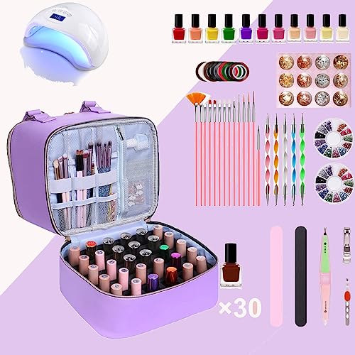 FCQQYWZ Nail polish Case, Nail Polish Organizer Bag and Nail Dryer Case Holds 30+ Bottles (15ml/0.5 fl.oz) and a Nail Lamp, Travel 2 Layer Nail Polish Storage with Sturdy Handles(Purple) - color: Purple-30Bottles