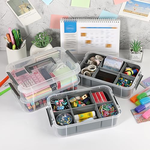 JUXYES 4-Tiers Plastic Stack Carry Storage Containers Box wih Handle Lids - color: Dark Gray