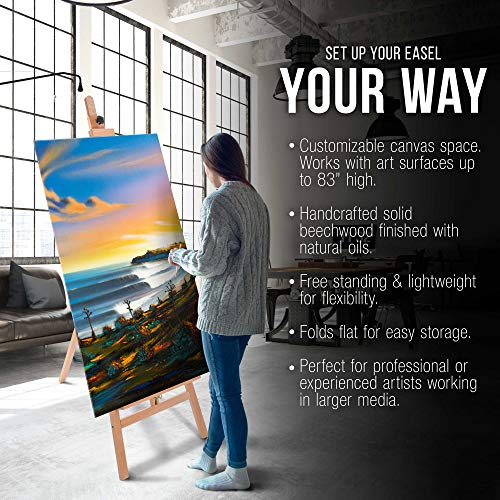 U.S. Art Supply 64" to 89" La Jolla Classic A-Frame Wood Easel, Lyre Style Studio Easel - Wooden Artists Floor Stand, Sturdy, Adjustable Height to 48" Canvas - Painting, Drawing, Sign Display