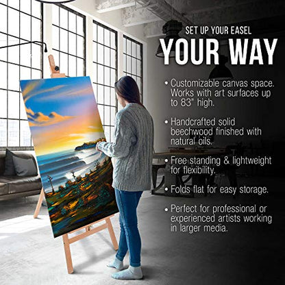 U.S. Art Supply 64" to 89" La Jolla Classic A-Frame Wood Easel, Lyre Style Studio Easel - Wooden Artists Floor Stand, Sturdy, Adjustable Height to 48" Canvas - Painting, Drawing, Sign Display