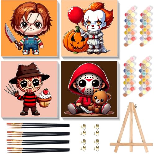 4 Pack Halloween Paint by Numbers for Kids with Frame Canvas - Wooden Easel - color: BKH2889+BKH2890+BKH2891+BKH2892