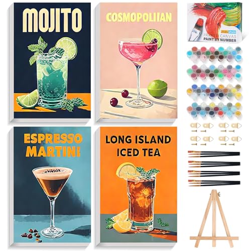 4 Pack Framed Paint by Numbers Kit for Adults Cocktail with Wooden Easel | With Frame Canvas 8x12 IN, For Adults Beginner, DIY Acrylic Painting Retro, Stress Relief Craft Kits, Home Wall Decor Gift - color: FOP4P-13