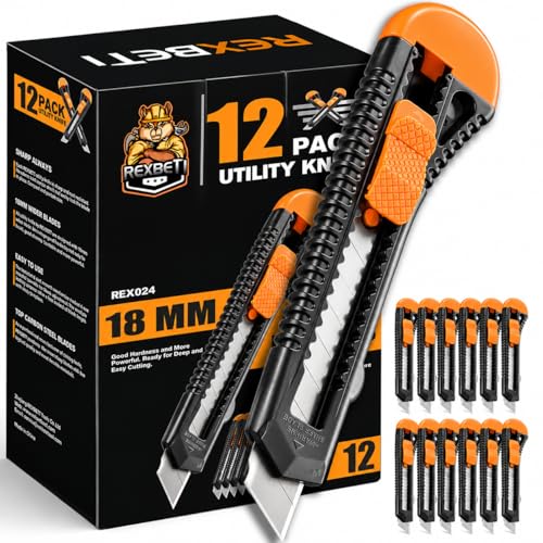 REXBETI 12-Pack Utility Knife, Retractable Box Cutter for Cartons, Cardboard and Boxes, 18mm Wider Razor Sharp Blade, Smooth Mechanism, Perfect for Office and Home use | Razor Sharp Snap-Off Blade, Smooth Sliding Mechanism, Durable Cutter Knife for Carton
