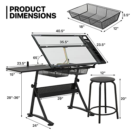 Adjustable Height Drafting Table with Stool, Modern Style, Tough Glass Top, 28-36 in Length, 19 in Width, 30 in Height, Ideal for Artists, Designers, Office, Studio | Tough Glass Top, 28-36 in Length, 19 in Width, 30 in Height, Ideal for Artists, Designer