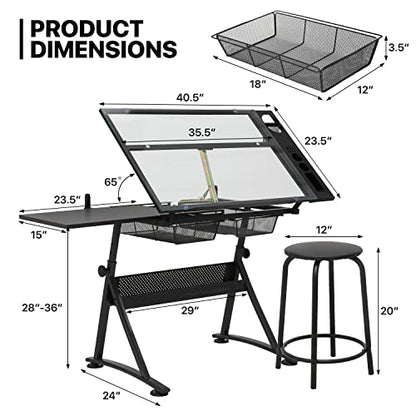 Adjustable Height Drafting Table with Stool, Modern Style, Tough Glass Top, 28-36 in Length, 19 in Width, 30 in Height, Ideal for Artists, Designers, Office, Studio | Tough Glass Top, 28-36 in Length, 19 in Width, 30 in Height, Ideal for Artists, Designer