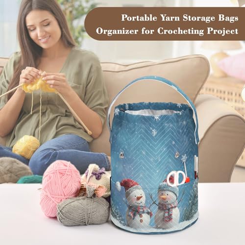 Yarn Bag Small Crochet Bag Drawstring Yarn Storage Organizer Knitting Project Bags Potable Yarn Holder with Holes Handle Crocheting Needles Knitting Accessories Blue Snowmen - color: Blue Snowmen