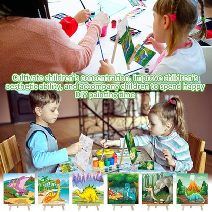 Tenceur 12 Sets Pre Drawn Canvas to Paint Adult Stretched Coloring Painting Canvas Panels with Design Easel and Brushes for Party Supplies Beginner Favor(Dinosaur) - style: Dinosaur