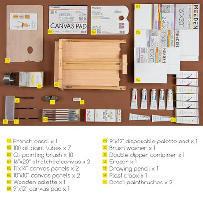 MEEDEN Oil Painting Set with French Easel, Paint Kit with Easel,7x100ml/3.38oz Paint, Paintbrushes,Canvas & Oil Painting Supplies for Adults &Artists