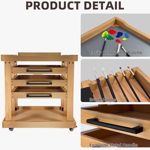 Art Supplies Storage 5-Tier Cart, Beech Wood Rolling Cart | Solid Beech wood, 3 Drawers with 4 Caster Wheels, Craft Cart , for Studio, Classroom, Artists
