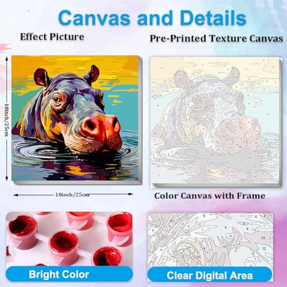 Artunion Framed Paint by Numbers Kit for Adults Beginners & Kids Ages 8-12,Colorful Hippo Paint by Number with Frame,Animal Watercolor Paint by Numbers Kit on Canvas 10 * 10 Inch Without Easel - color: ZXT-389-F