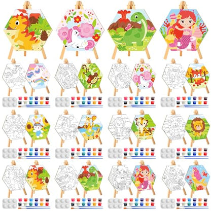 Watersay 12 Set Kids Pre Drawn Canvas for Painting Kit 12 Pcs 6" x 6" Animals Printed Pre Drawn Canvas, Easels, Palette, Paint Pot, 24 Brushes Kid Paint Party Favor for DIY Classroom Craft Activity - style: Animal