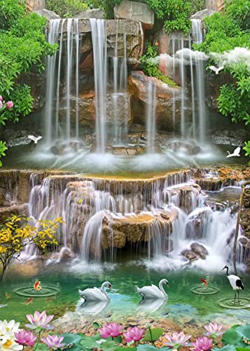 BELECO 3x5ft Fabric Forest Park Waterfall Backdrop Picturesque Swan Lake Lotus Pond Green Trees Scenery Photography Background Wallpaper Spring Summer Holiday Travel Portrait Photoshoot Props - size: 3x5FT