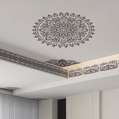 Sitsink Mandala Stencils for Crafts Reusable - 9 Pcs Border Stencils for Wall Decor Large Mandala Pattern Template Home Decor Furniture Rug Table Painting - style: border with mandala