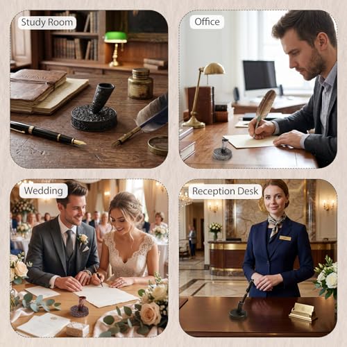 TXIN 4 Pieces Vintage Round Metal Feather Pen Holder, Retro Feather Quill Dip Pen Stand Base, Antique Pen Insertion Plug for Office Supplies Student Stationery Gift