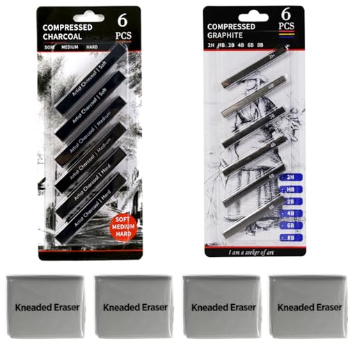 Compressed Charcoal Sticks 6 PCS, Graphite Sticks Square 6 Pieces, Kneaded Rubber Erasers Large Size 4 Pack