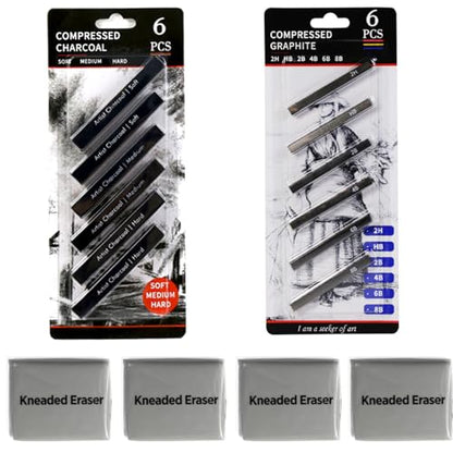 Compressed Charcoal Sticks 6 PCS, Graphite Sticks Square 6 Pieces, Kneaded Rubber Erasers Large Size 4 Pack