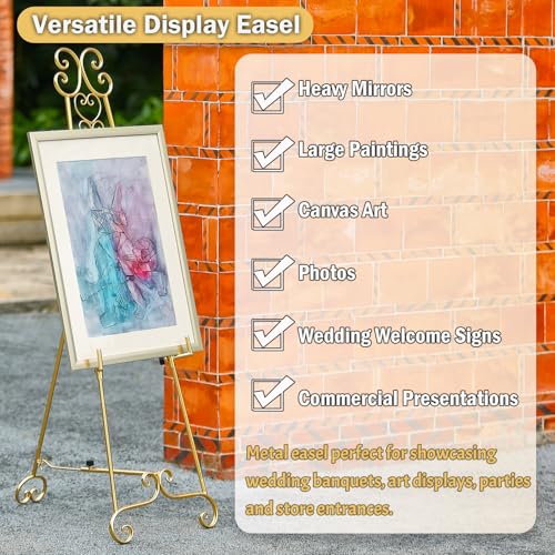 Metal Large Free Standing Adjustable Display Stand Scroll Easel with Chain Support, Gold Easel Stand for Sign, Heavy Duty Easel for Mirror, Wedding, Picture Frame (No Installation Required) - style: Scroll-Gold