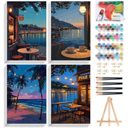 4 Pack Framed Paint by Numbers Kit for Adults Coffee with Wooden Easel | With Frame Canvas 8x12 IN, For Adults Beginner, DIY Acrylic Painting Landscape, Stress Relief Craft Kit, Home Wall Decor Gift - color: FOP4P-08