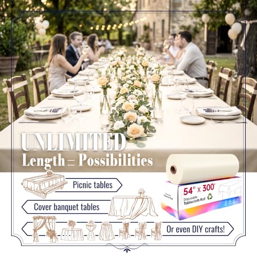 Plastic Table Cloth, 54In x 300Ft Plastic Table Cloth Disposable | Disposable Tablecloth, Slide Cutter, Rectangle Round Tables, Party Tablecloths for Birthday, Wedding, Picnic (Creamy White) - color: Creamy White, size: 54" x 3600" (Rectangular)