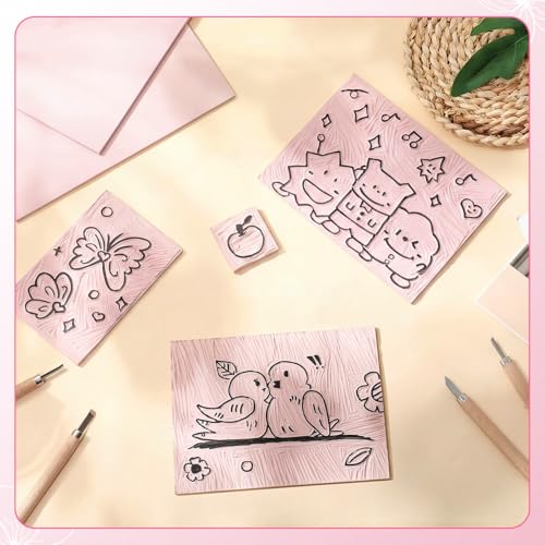 MotiMind 8 Pcs 3 Sizes Linoleum Blocks for Printmaking, Pink Rubber Stamp Carving Blocks, Soft Rubber Carved Bricks for DIY Printmaking Stamps Making and Craft Projects - size: 3 Sizes