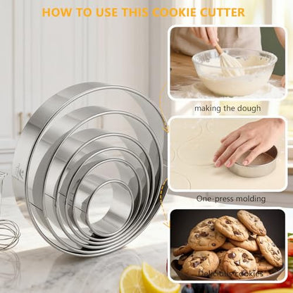 6-Piece Round Cookie Cutters (2, 3, 3.5, 4, 5, 6 Inch) Biscuit Cutter Set | Dishwasher Safe, Laser-Etched Sizes, Stainless Steel Circle Cookie Cutter for Baking, Thick Dough, Biscuits & Fondant - size: 6 Sizes Round Cutters