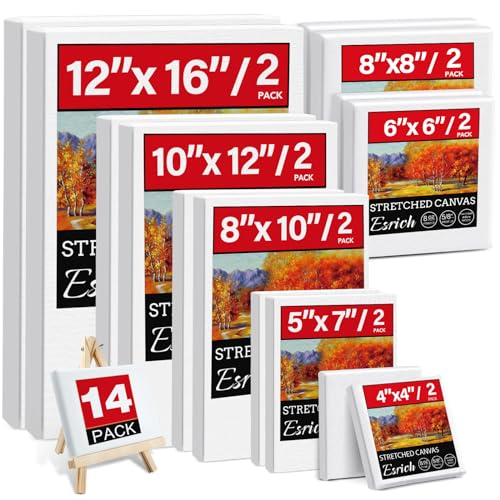 14 Packs Stretched Canvas for Painting, MultiSize 12x16, 10x12, 8x10, 5x7, 8x8, 6x6, 4x4 (2 of Each), Primed Blank Canvas for Oil, Acrylic Paint,for Beginner, Artist. - size: 14Pack-MultiSize Canvas