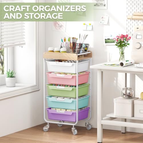 SYKIARIOL Utility Cart with 5 Labeling Drawers and Wooden Tabletop - color: Ice Cream, size: 5-Drawer