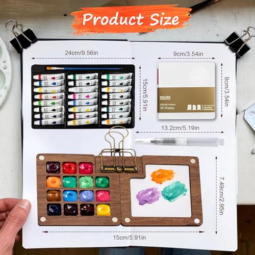 Mini Watercolor Travel Paint Set,Travel Watercolor Kit, Portable Artist Palette Sets with 24 colors, 3 Pens, Brush, Sketchbook, Binder Clips, Colours, Wooden Paint Box for Artists, Students & Beginners (24 colors) - color: 24 colors
