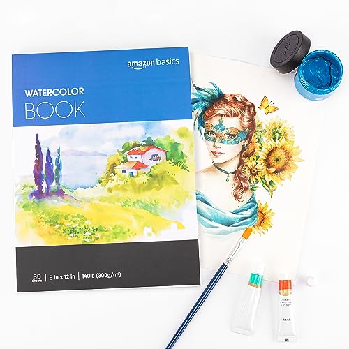 Amazon Basics Watercolor Pad for Beginners, Artists, Adults and Students, Cold Press Textured Surface, 9"x12", 140 lb / 300 gsm, 30 Sheets, White