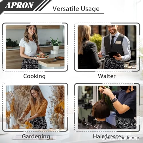 Waist Apron with 3 Pockets Waterproof 13 Inch Short Half Waist Aprons Women Men Server Aprons Waitress Waiter Apron - color: Food Print