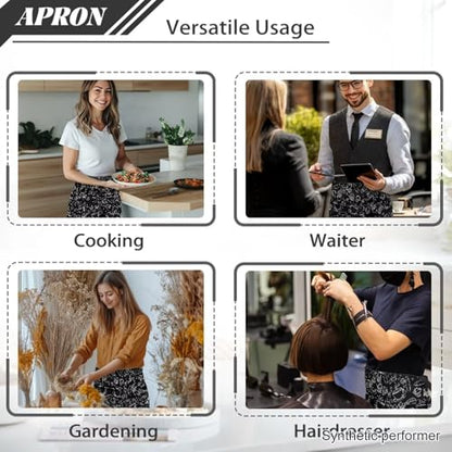 Waist Apron with 3 Pockets Waterproof 13 Inch Short Half Waist Aprons Women Men Server Aprons Waitress Waiter Apron - color: Food Print