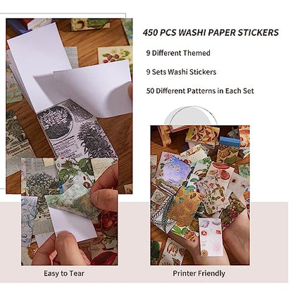 9 Sets 450 Sheets Washi Stickers for Journaling, Plants Fruit Flowers Butterfly Shell Boho Stickers Vintage Aesthetic Scrapbook Sticker for Bullet Journal Art Diary Card Craft Gifts Planner Notebook - style: Nature Style