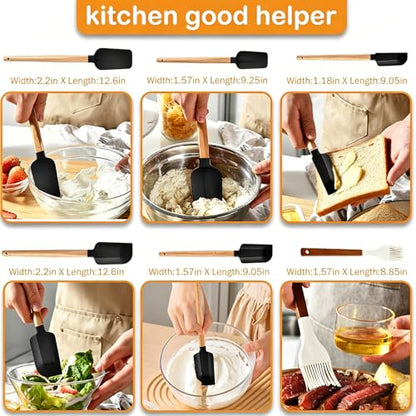 7 Piece Silicone Spatula Set, Food Grade Rubber Spatula Set with Wooden Handle, Heat Resistant Up to 600°F, Silicone Utensils Set for Baking, Cooking & Mixing, Jar, Non-Stick Kitchen Utensils(Black) - color: Black