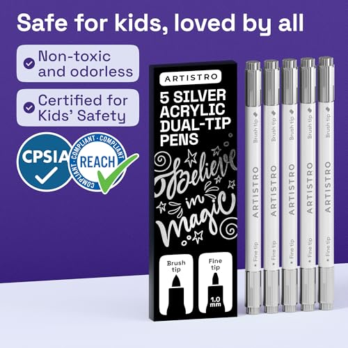 ARTISTRO 5 Silver Dual-Tip Acrylic Paint Marker Pens for Drawing | For Fabric, Rock, Glass, Wood, & Molds, Arts & Crafts Gift for Adults, Teens, & Kids, Classroom Must Haves & School Supplies