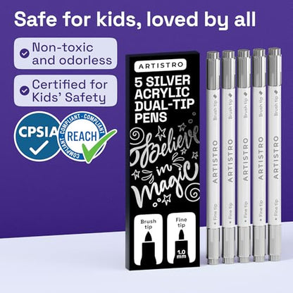 ARTISTRO 5 Silver Dual-Tip Acrylic Paint Marker Pens for Drawing | For Fabric, Rock, Glass, Wood, & Molds, Arts & Crafts Gift for Adults, Teens, & Kids, Classroom Must Haves & School Supplies